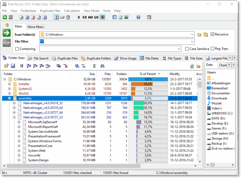 Disk Recon folder sizes tree view showing directory sizes