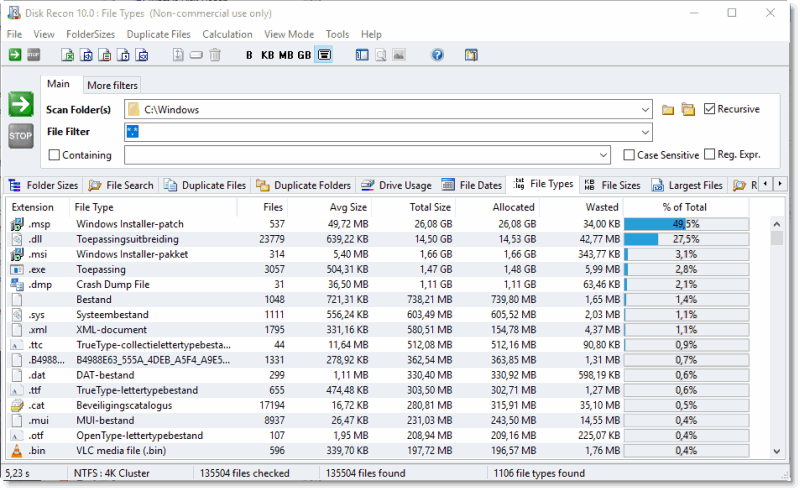 Disk Recon file types disk space breakdown by extension