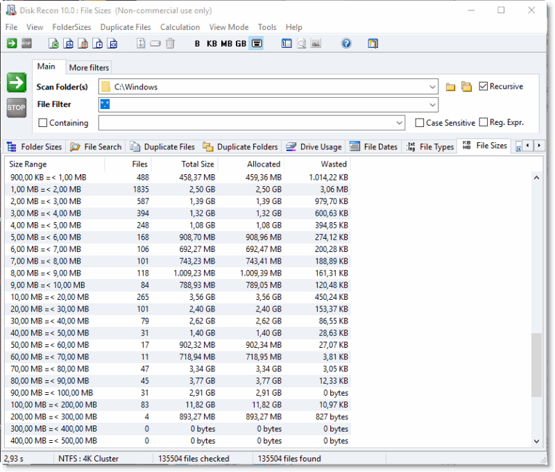 Disk Recon file sizes distribution overview