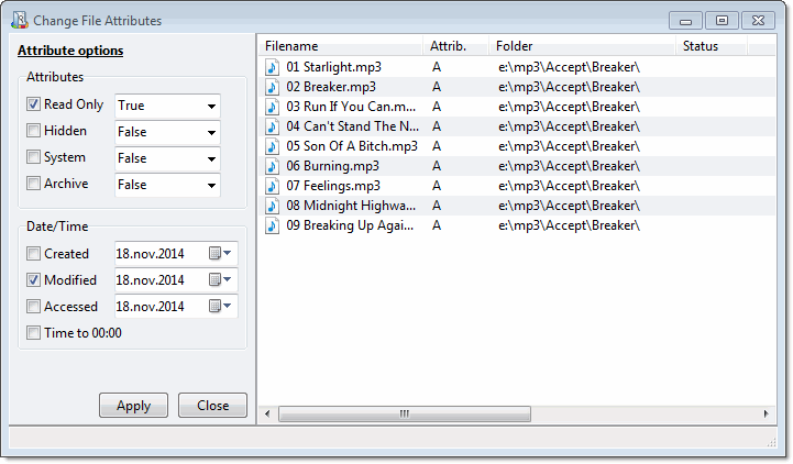 Disk Recon change file attributes dialog
