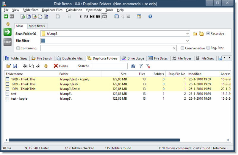 Disk Recon duplicate folders result grid