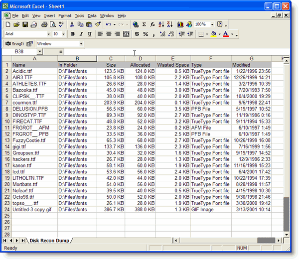 Disk Recon export to Excel spreadsheet