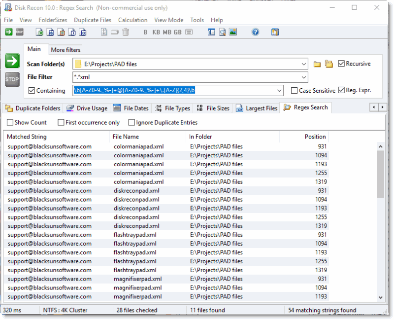Disk Recon harvesting regular expression results