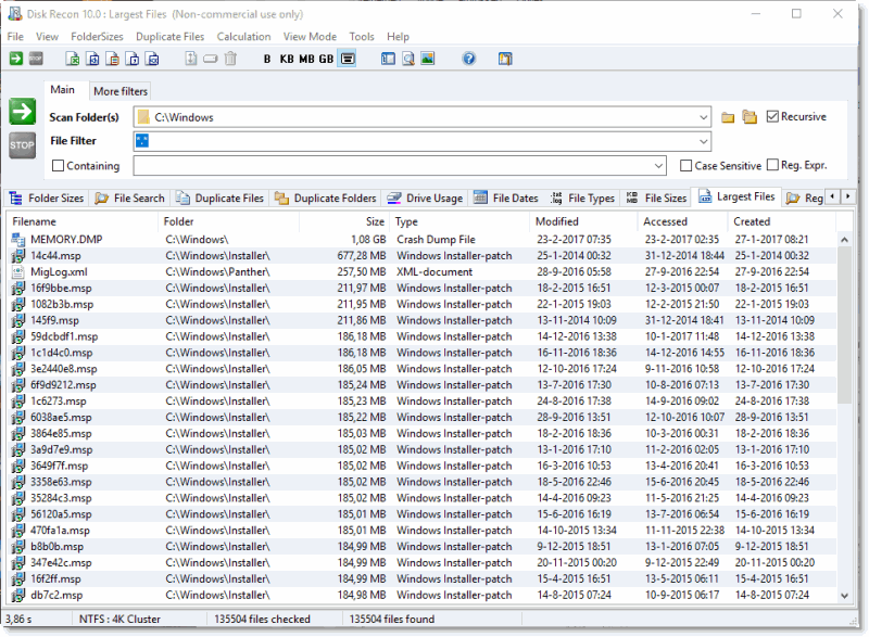 Disk Recon largest files list