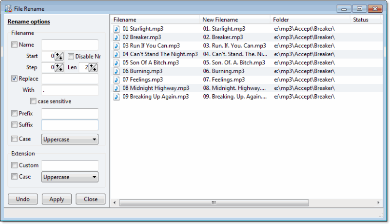 Disk Recon batch rename files dialog