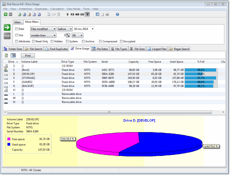Disk Recon disk usage overview with pie chart