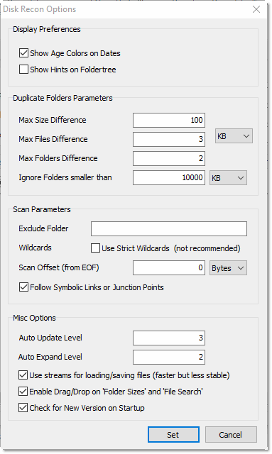 Disk Recon options configuration screen