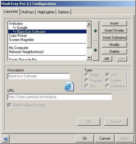 FlashTray Launcher configuration