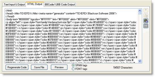 Texefex HTML Output tab