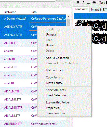 The font list showing multiple selected fonts, with the action toolbar buttons visible at the bottom and the right-click context menu open alongside
