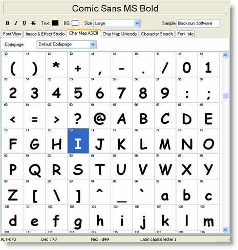 The ASCII Character Map tab showing all 256 characters in a grid, with the selected character highlighted and its details shown in the statusbar below