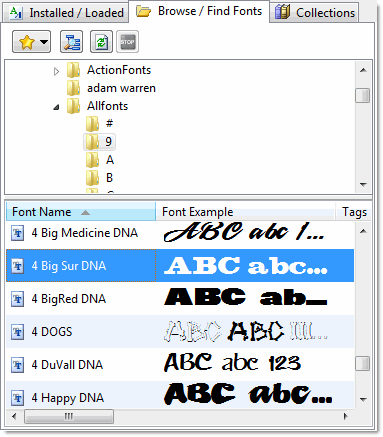 The Browse tab showing the folder tree on the left and the found font list on the right