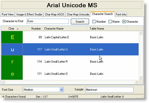 Character Search results for the character query Euro, showing four rows — one each for E, u, r and o — with their Unicode names and code points