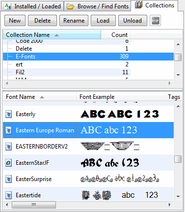 The Collections tab showing the collections list on top and the fonts assigned to the selected collection below