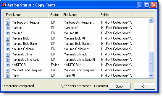 The copy/move progress dialog showing a grid of selected fonts with a Status column updating as each file is processed, and an error count at the bottom