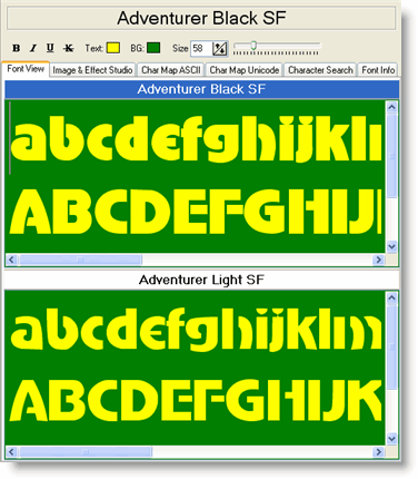The Font Detail Panel showing the font name header, control panel, and the six detail tabs below