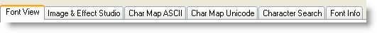 The six detail tabs: Font View, Image and Effect Studio, Char Map ASCII, Char Map Unicode, Character Search, and Font Info