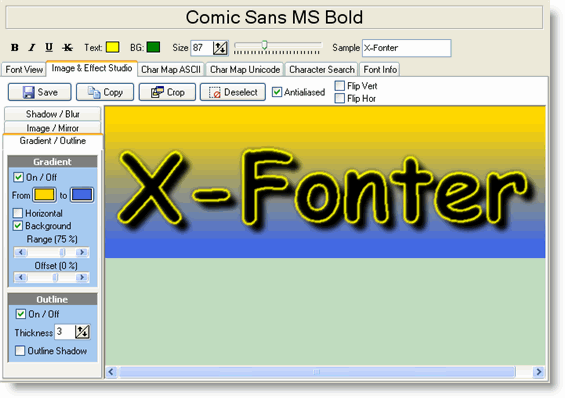The Image and Effect Studio tab showing the sample text edit box at the top, the three effect panels on the left, and the live preview canvas on the right