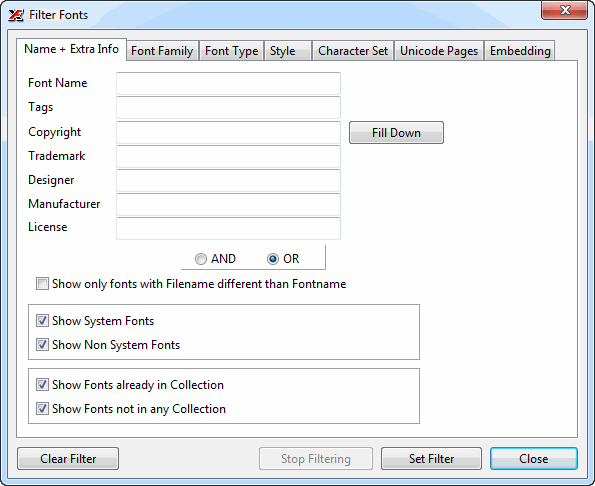 The Names filter tab showing a text field for filtering fonts by name