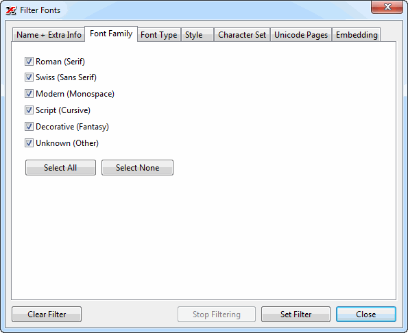 The Font Family filter tab with checkboxes for font family categories