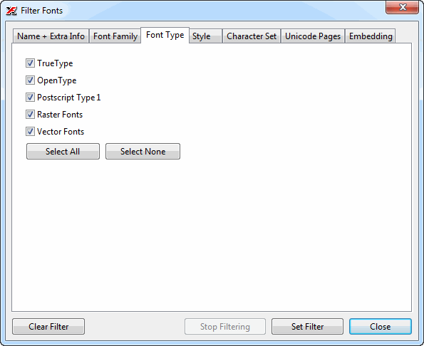 The Font Type filter tab with checkboxes for TrueType, OpenType, PostScript and other types