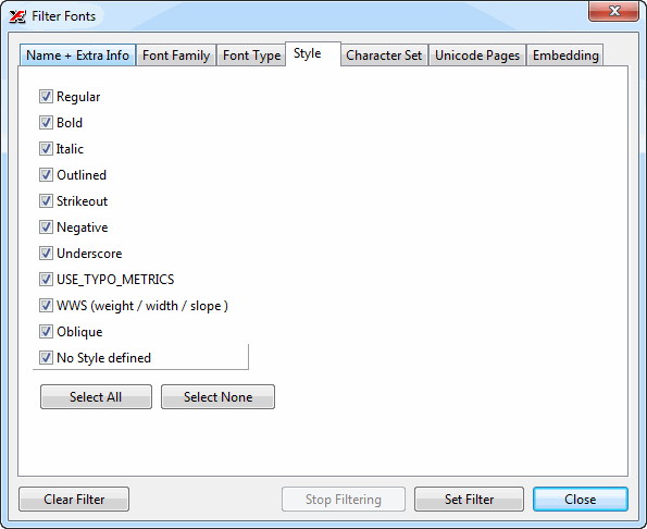 The Style filter tab with checkboxes for Bold, Italic, Regular and other styles