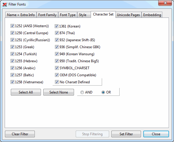 The Character Set filter tab listing supported Windows codepages with AND/OR option