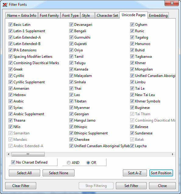 The Unicode Pages filter tab listing Unicode blocks with AND/OR option