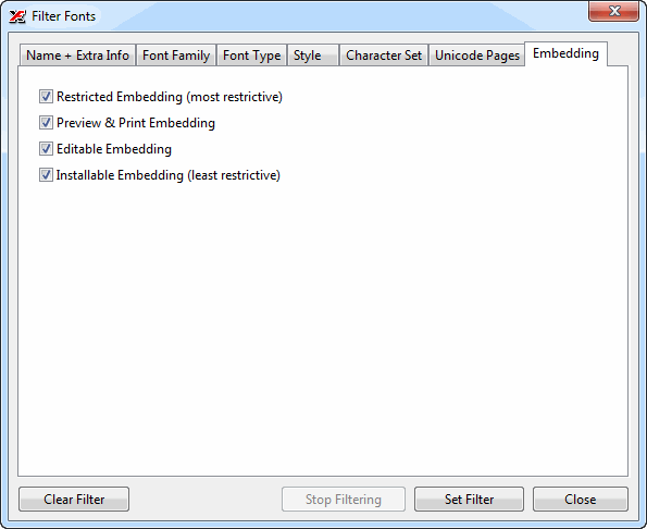 The Embedding filter tab with checkboxes for different font embedding permission types