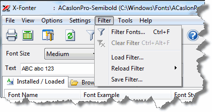 The Filter Fonts menu item in the X-Fonter menu bar