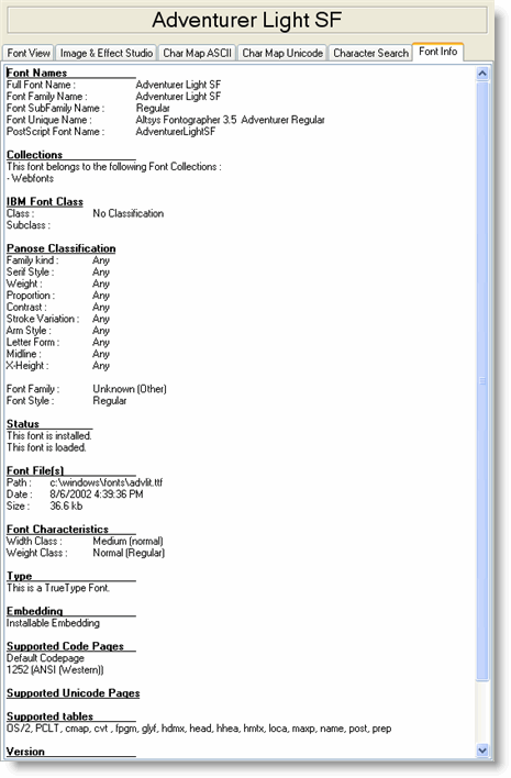The Font Info tab showing grouped metadata fields including font names, file details, Panose classification, embedding permissions, supported codepages and Unicode ranges, version, copyright and designer information