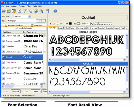 X-Fonter screen layout showing font selection panel and font detail view
