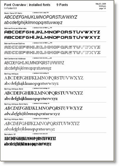 A sample Font Overview printout showing multiple fonts listed down the page, each with its name on the left and sample text rendered in that font on the right