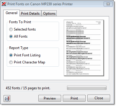 The General section of the print dialog showing the font scope selector (selected fonts or all fonts) and the report type selector (Font Listing or Character Map), with the page count indicator at the bottom