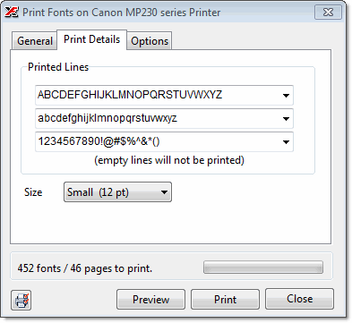 The Print Details section configured for a Font Listing, showing three sample text lines, a size selector, and the predefined text dropdown