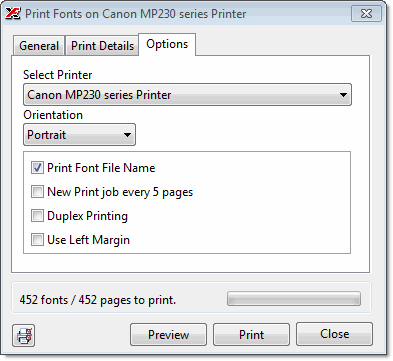 The Options section of the print dialog showing the printer selector, orientation buttons, Print Font File Name checkbox, and New Print Job Every 5 Pages checkbox
