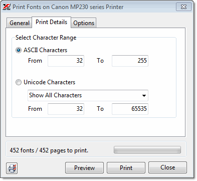 The Print Details section configured for a Character Map, showing the ASCII/Unicode toggle and the character range selector with a custom range input field