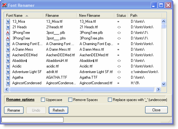 The Font Renamer dialog showing the Status and New Filename columns with renaming options at the bottom