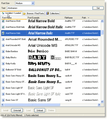 Font selection panel showing font list and preview columns