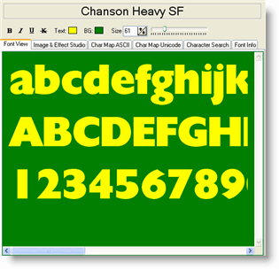 The Font View tab in single-pane mode showing a sample text rendered in the selected font