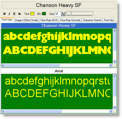 The Font View tab in dual-pane mode showing two fonts rendering the same text side by side, with the active pane highlighted