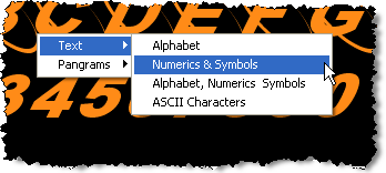 The right-click context menu showing the predefined character set presets
